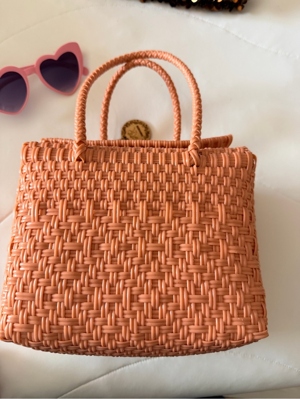 KR Designs Peach Woven Basket Handbag Coral Top Handle Summer Purse
